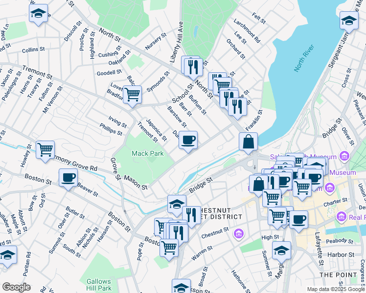 map of restaurants, bars, coffee shops, grocery stores, and more near 12 Dunlap Street in Salem