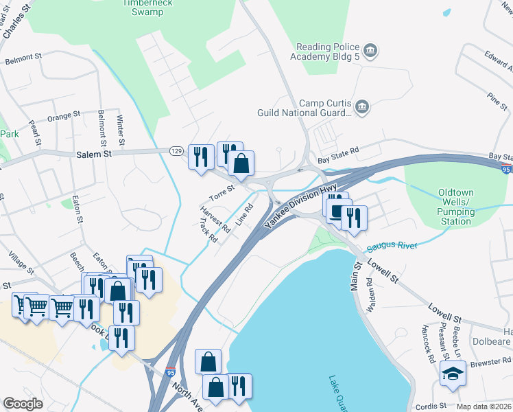 map of restaurants, bars, coffee shops, grocery stores, and more near 6 Line Road in Wakefield