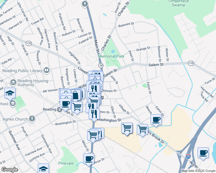 map of restaurants, bars, coffee shops, grocery stores, and more near 15 Union Street in Reading