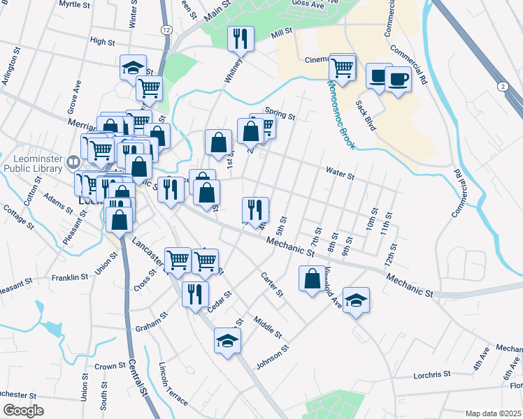 map of restaurants, bars, coffee shops, grocery stores, and more near 157 3rd Street in Leominster