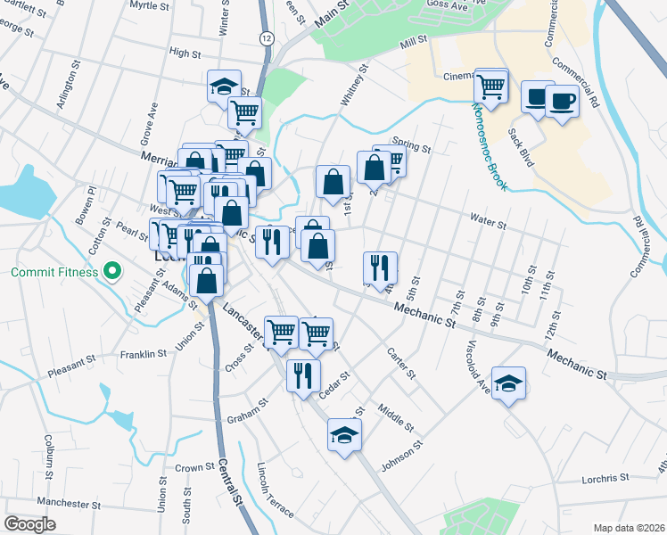 map of restaurants, bars, coffee shops, grocery stores, and more near 17R Laurel Street in Leominster