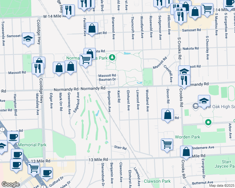 map of restaurants, bars, coffee shops, grocery stores, and more near 4124 Kent Road in Royal Oak