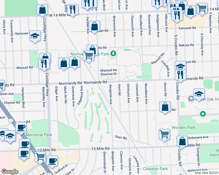 map of restaurants, bars, coffee shops, grocery stores, and more near 4118 Benjamin Avenue in Royal Oak
