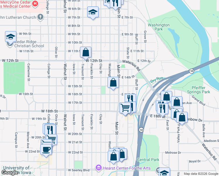 map of restaurants, bars, coffee shops, grocery stores, and more near 1422 Washington Street in Cedar Falls