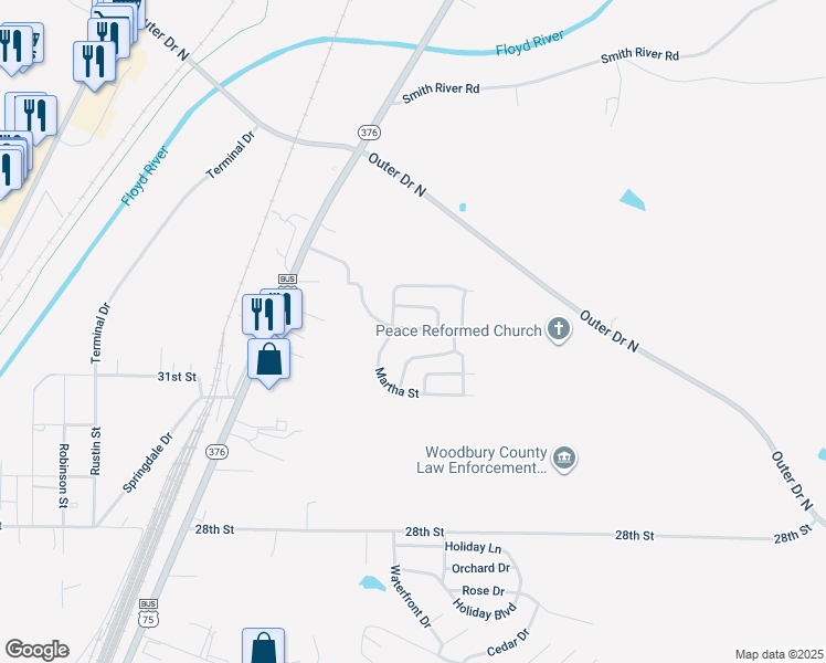 map of restaurants, bars, coffee shops, grocery stores, and more near 76 North Martha Street in Sioux City