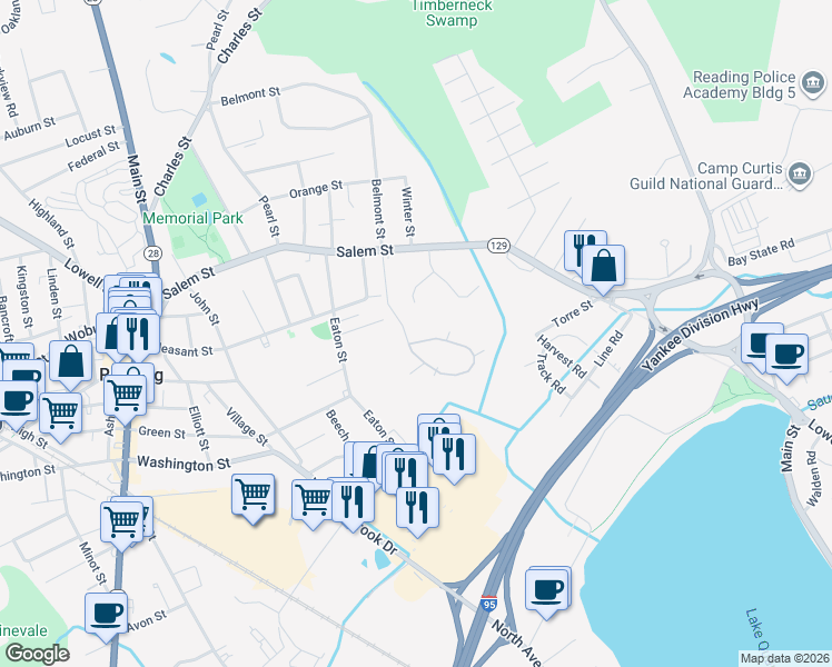 map of restaurants, bars, coffee shops, grocery stores, and more near 54 Azalea Circle in Reading