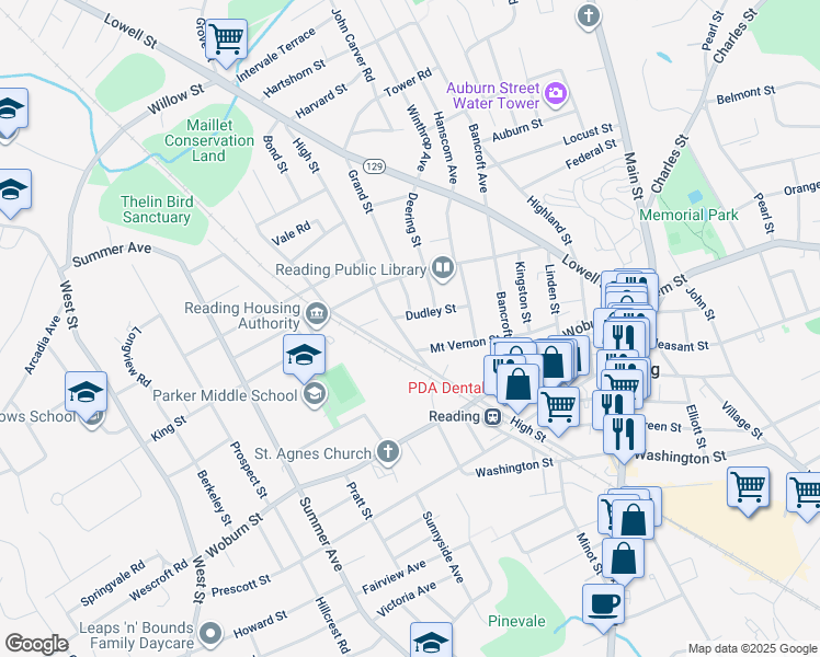 map of restaurants, bars, coffee shops, grocery stores, and more near 129 High Street in Reading