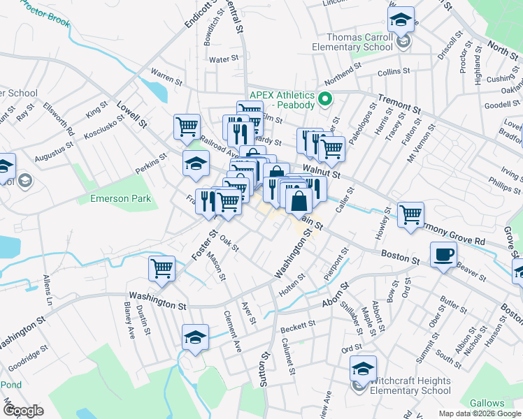 map of restaurants, bars, coffee shops, grocery stores, and more near 31 Main Street in Peabody