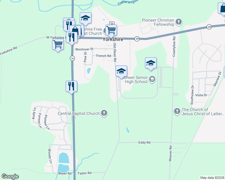 map of restaurants, bars, coffee shops, grocery stores, and more near 12117 Old Olean Road in Delevan
