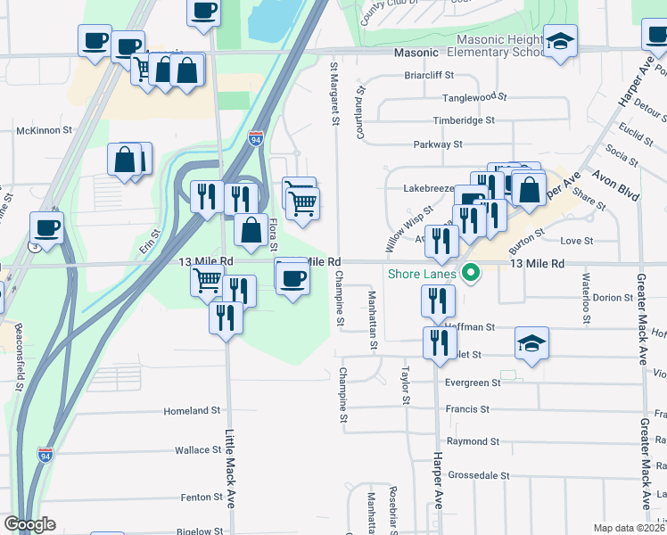 map of restaurants, bars, coffee shops, grocery stores, and more near 21001 East Thirteen Mile Road in St. Clair Shores