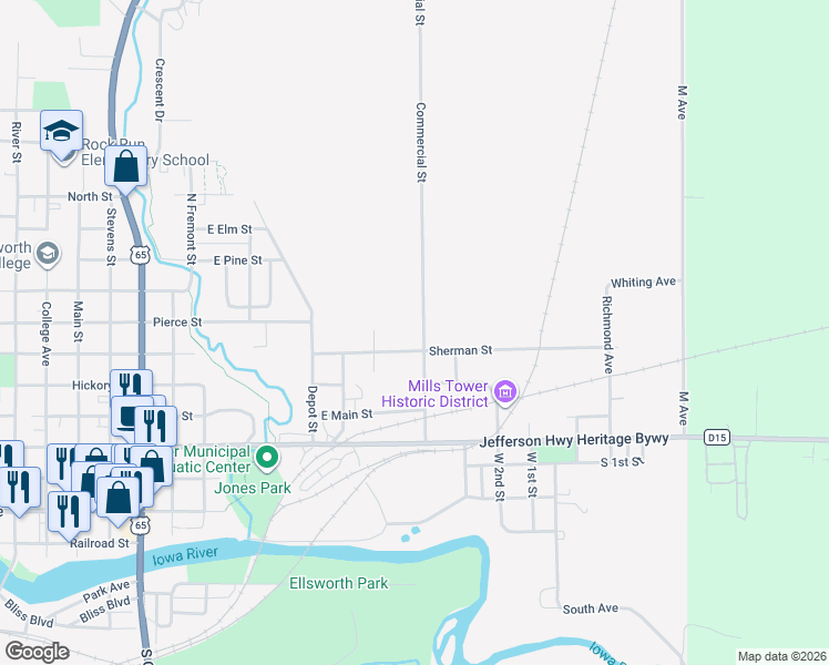 map of restaurants, bars, coffee shops, grocery stores, and more near 1120-1636 Commercial Street in Iowa Falls