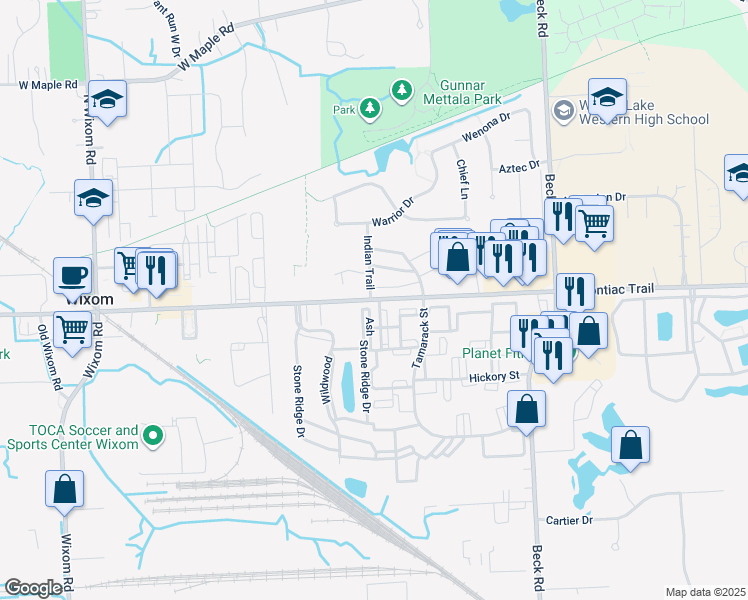 map of restaurants, bars, coffee shops, grocery stores, and more near 48361 Pontiac Trail in Wixom