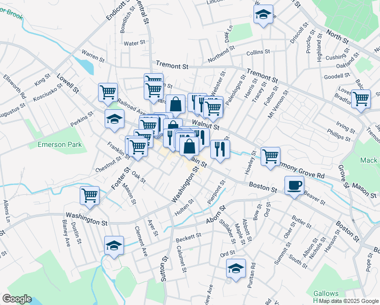 map of restaurants, bars, coffee shops, grocery stores, and more near 80 Main Street in Peabody