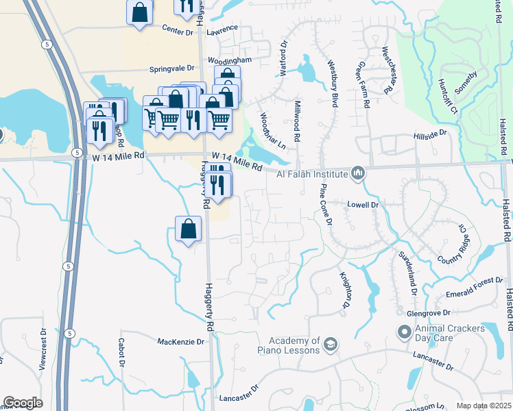 map of restaurants, bars, coffee shops, grocery stores, and more near 31164 Country Bluff in Farmington Hills