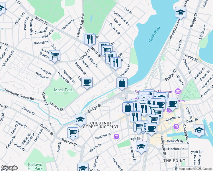 map of restaurants, bars, coffee shops, grocery stores, and more near 23 Mason Street in Salem