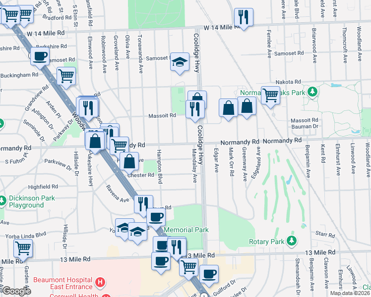map of restaurants, bars, coffee shops, grocery stores, and more near 3323 Normandy Road in Royal Oak