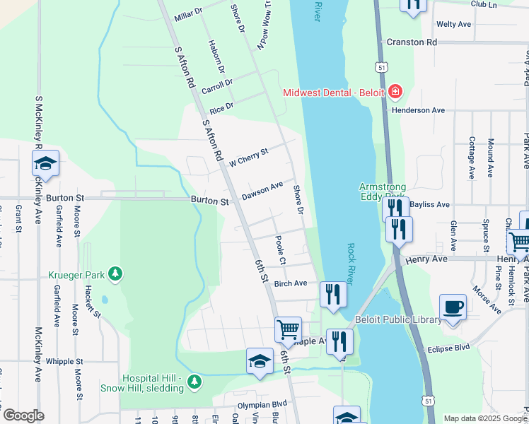 map of restaurants, bars, coffee shops, grocery stores, and more near 1826 Poole Court in Beloit