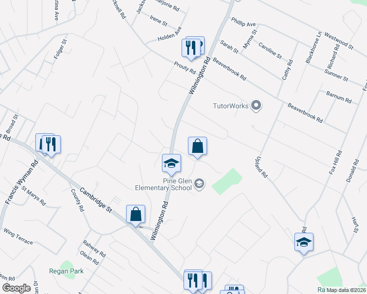 map of restaurants, bars, coffee shops, grocery stores, and more near 3 Cutting Lane in Burlington