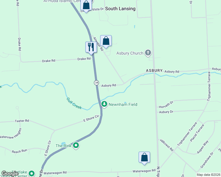 map of restaurants, bars, coffee shops, grocery stores, and more near 19 Asbury Road in Lansing