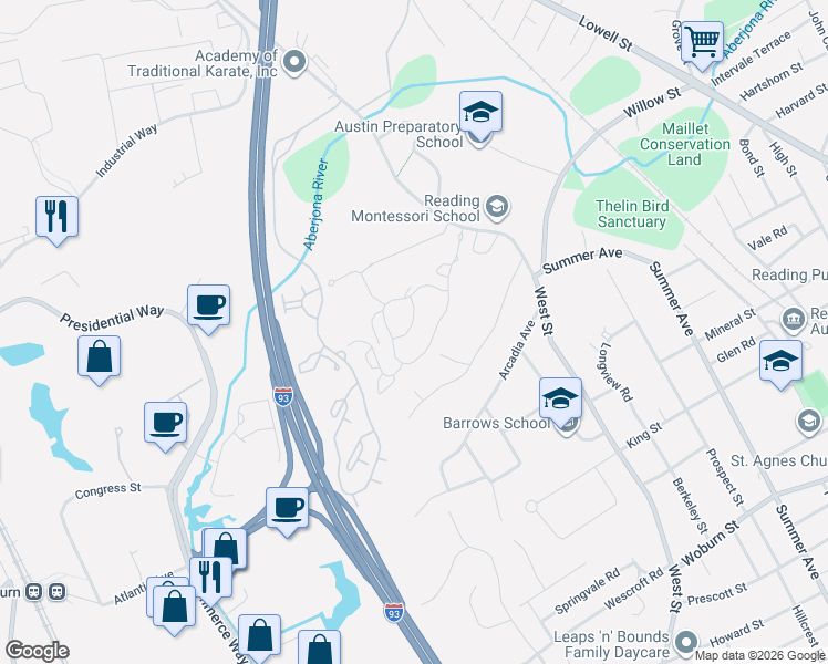 map of restaurants, bars, coffee shops, grocery stores, and more near 3 White Oaks Lane in Reading