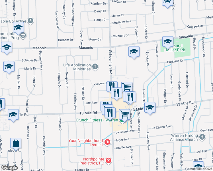 map of restaurants, bars, coffee shops, grocery stores, and more near 13538 Moceri Circle in Warren