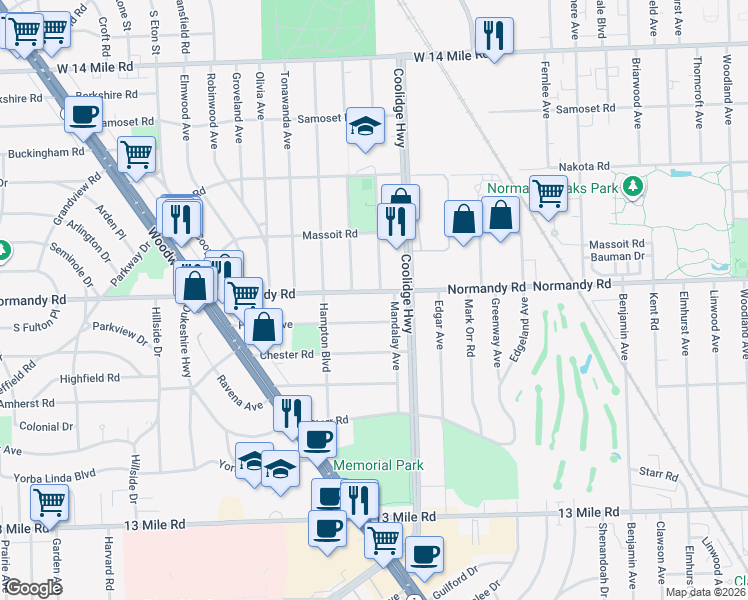 map of restaurants, bars, coffee shops, grocery stores, and more near 3323 Normandy Road in Royal Oak