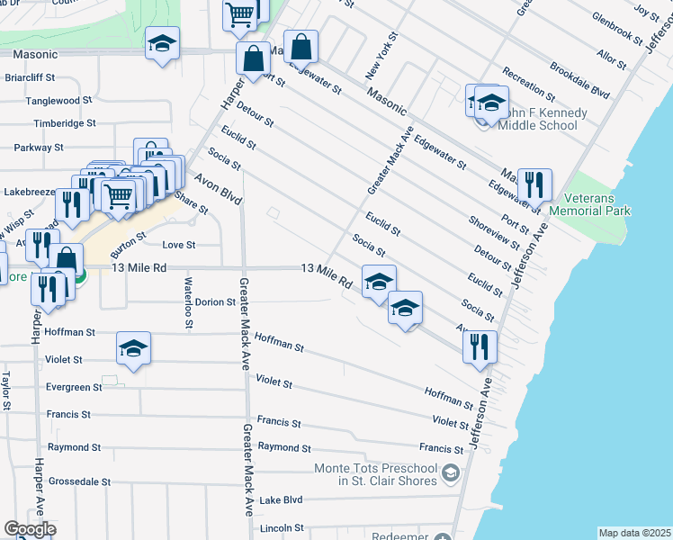 map of restaurants, bars, coffee shops, grocery stores, and more near 22720 Avon Street in St. Clair Shores