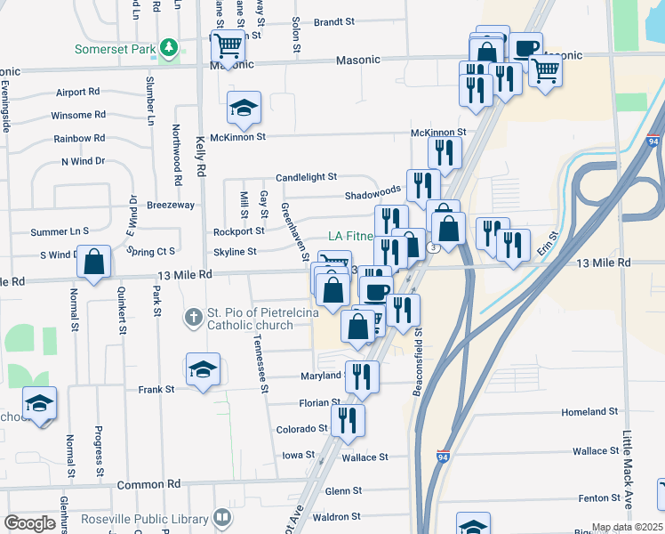 map of restaurants, bars, coffee shops, grocery stores, and more near 19313 East Thirteen Mile Road in Roseville