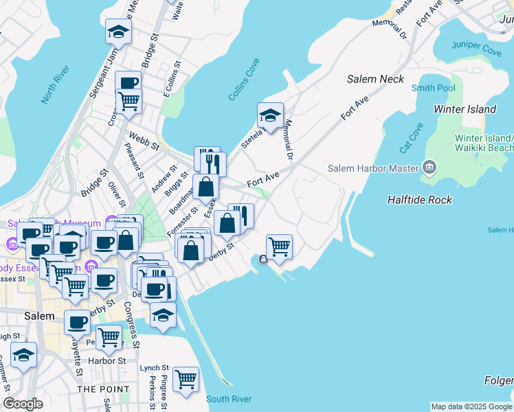 map of restaurants, bars, coffee shops, grocery stores, and more near 5 Cousins Street in Salem