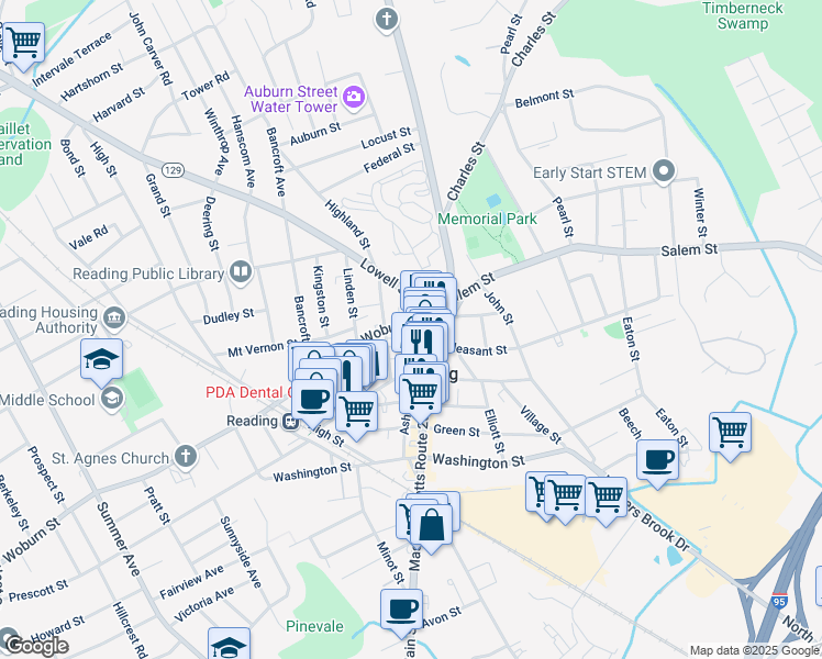 map of restaurants, bars, coffee shops, grocery stores, and more near 17 Harnden Street in Reading