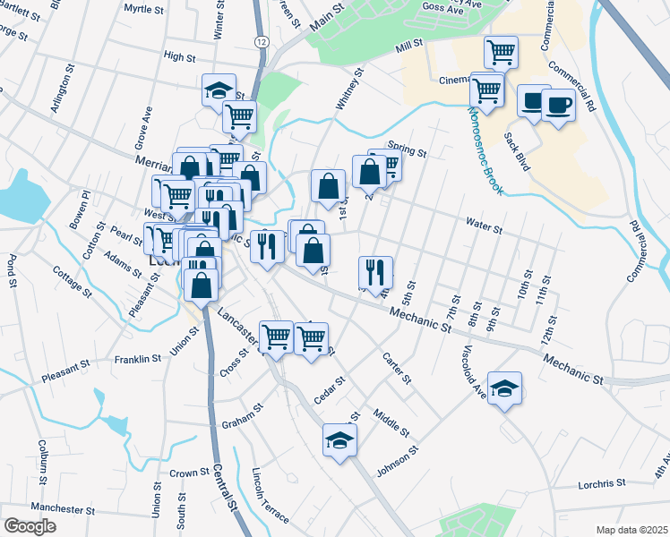 map of restaurants, bars, coffee shops, grocery stores, and more near 17R Laurel Street in Leominster