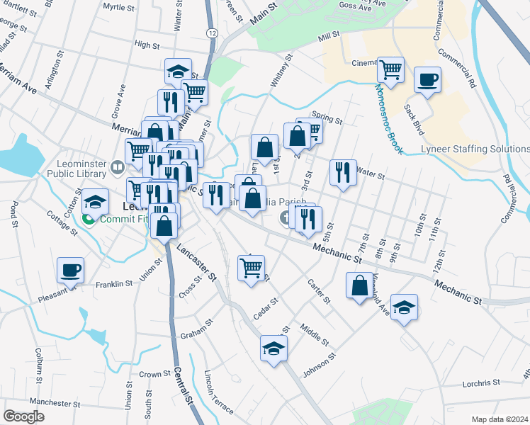 map of restaurants, bars, coffee shops, grocery stores, and more near 17R Laurel Street in Leominster