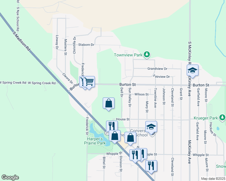 map of restaurants, bars, coffee shops, grocery stores, and more near 2200 Burton Street in Beloit