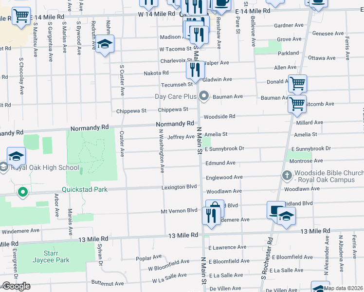 map of restaurants, bars, coffee shops, grocery stores, and more near 307 Jeffrey Avenue in Royal Oak