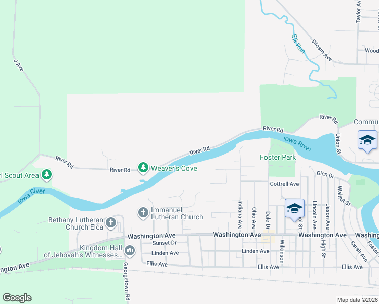 map of restaurants, bars, coffee shops, grocery stores, and more near 2324 River Road in Iowa Falls