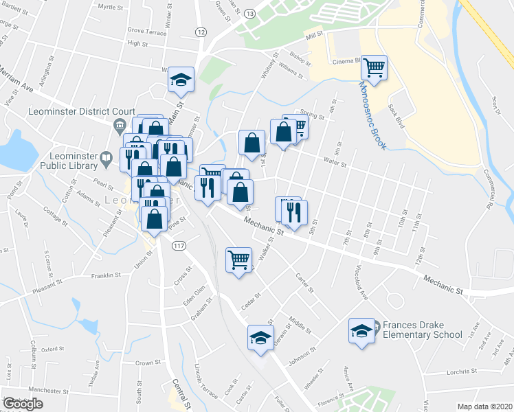 map of restaurants, bars, coffee shops, grocery stores, and more near 17R Laurel Street in Leominster