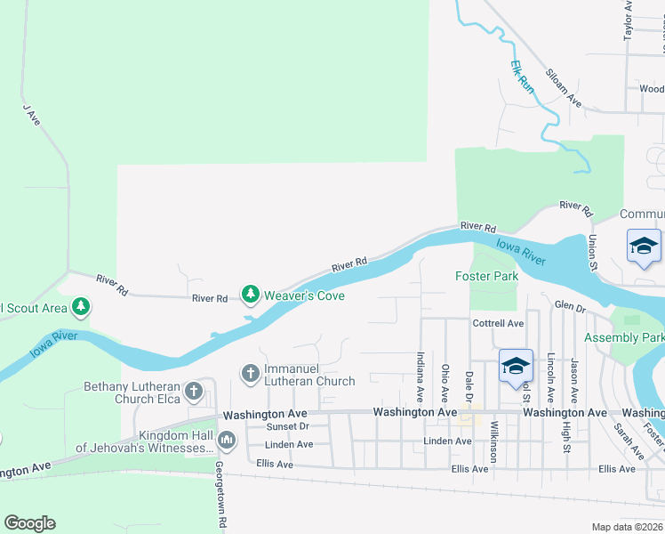 map of restaurants, bars, coffee shops, grocery stores, and more near 2324 River Road in Iowa Falls