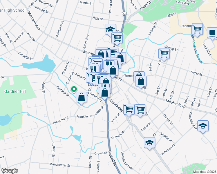 map of restaurants, bars, coffee shops, grocery stores, and more near 42 Mount Pleasant Avenue in Leominster