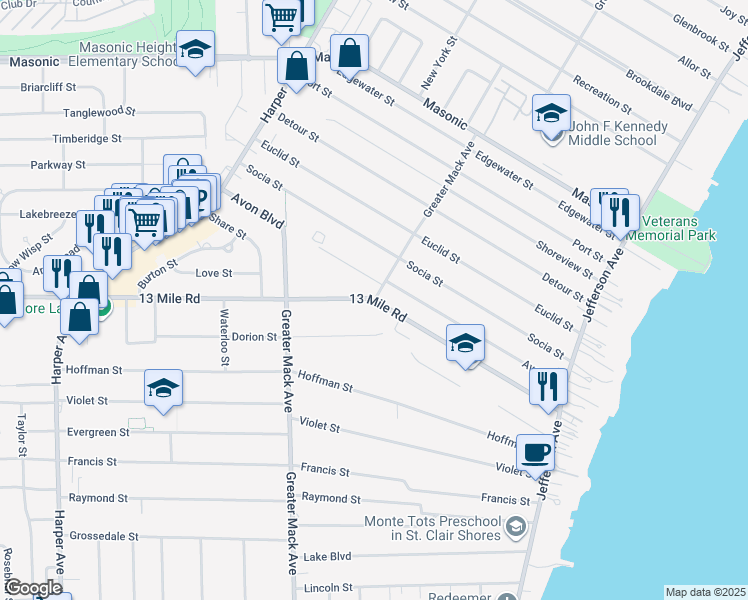 map of restaurants, bars, coffee shops, grocery stores, and more near in St. Clair Shores