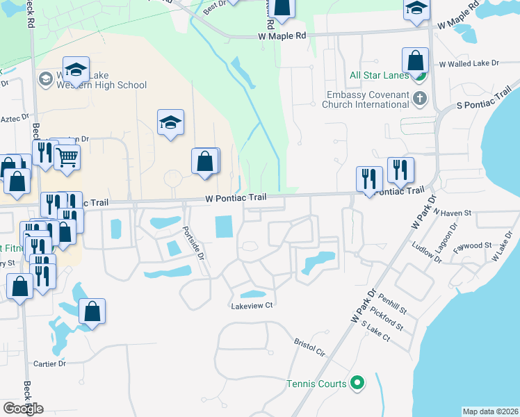 map of restaurants, bars, coffee shops, grocery stores, and more near Timberlane Court in Novi