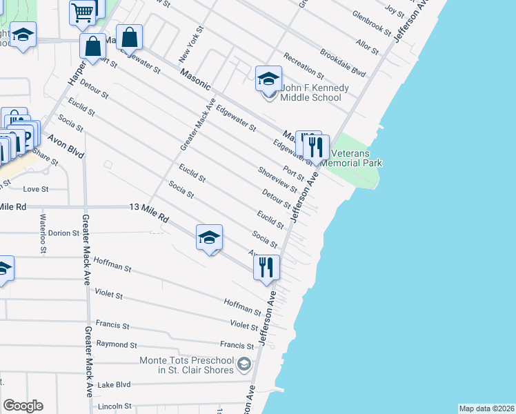 map of restaurants, bars, coffee shops, grocery stores, and more near 23141 Euclid Street in St. Clair Shores