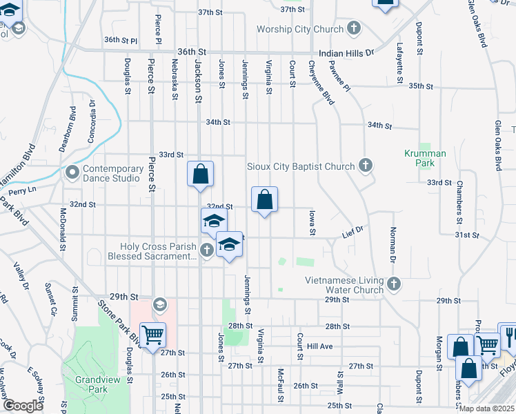 map of restaurants, bars, coffee shops, grocery stores, and more near 949 32nd St in Sioux City
