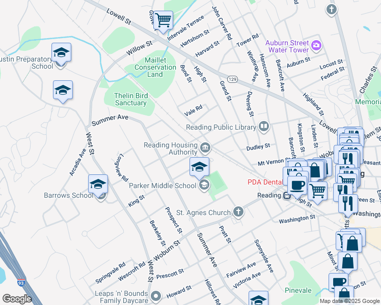 map of restaurants, bars, coffee shops, grocery stores, and more near 22 Hancock Street in Reading