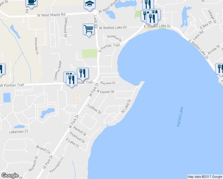 map of restaurants, bars, coffee shops, grocery stores, and more near 210 North Haven Street in Novi