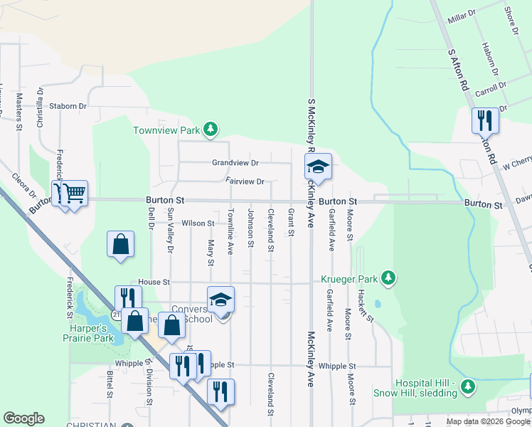 map of restaurants, bars, coffee shops, grocery stores, and more near 1844 Cleveland Street in Beloit