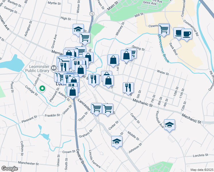 map of restaurants, bars, coffee shops, grocery stores, and more near 134 Mechanic Street in Leominster