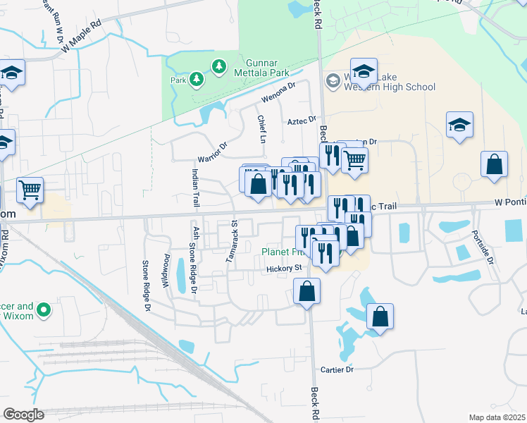 map of restaurants, bars, coffee shops, grocery stores, and more near 47824 West Pontiac Trail in Wixom