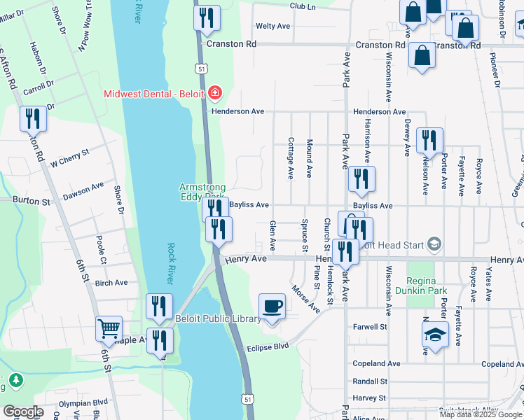 map of restaurants, bars, coffee shops, grocery stores, and more near 612 Bayliss Avenue in Beloit