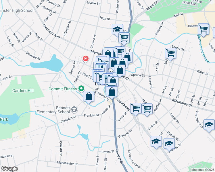 map of restaurants, bars, coffee shops, grocery stores, and more near 1 Central Street in Leominster