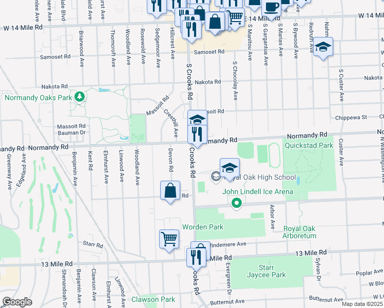 map of restaurants, bars, coffee shops, grocery stores, and more near 4091 Crooks Road in Royal Oak